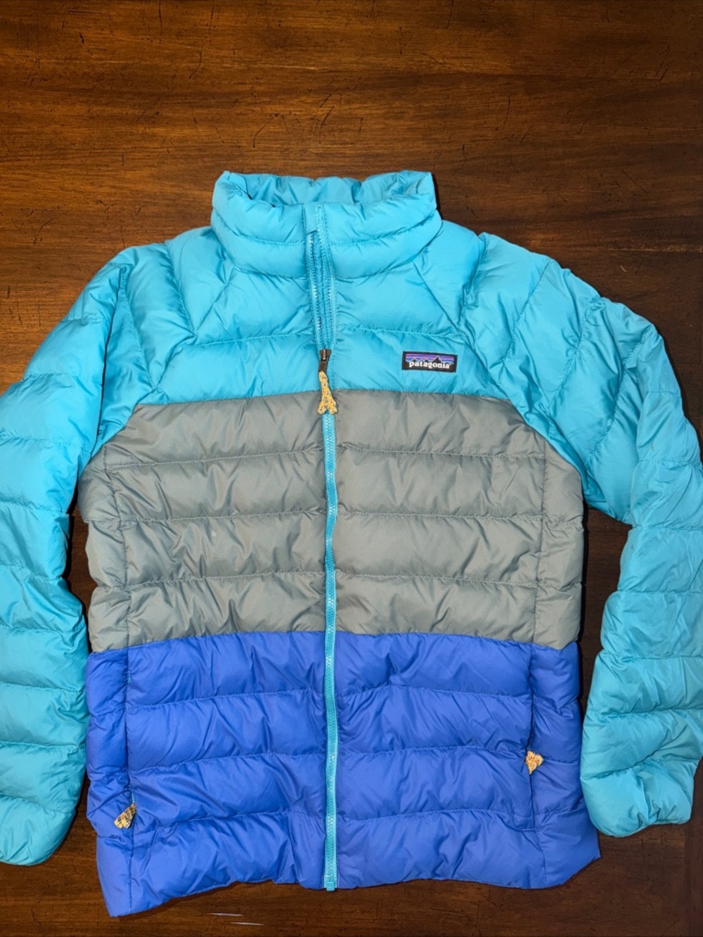 Patagonia Kids Down Puffer Jacket Blue Green Full Zip Size L 12